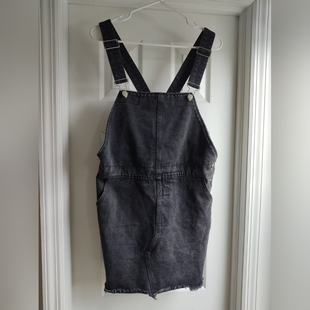 LULUS Womens Denim Skirtall Skirt/Dress Overalls SMALL Black Jeans Bibs Pockets